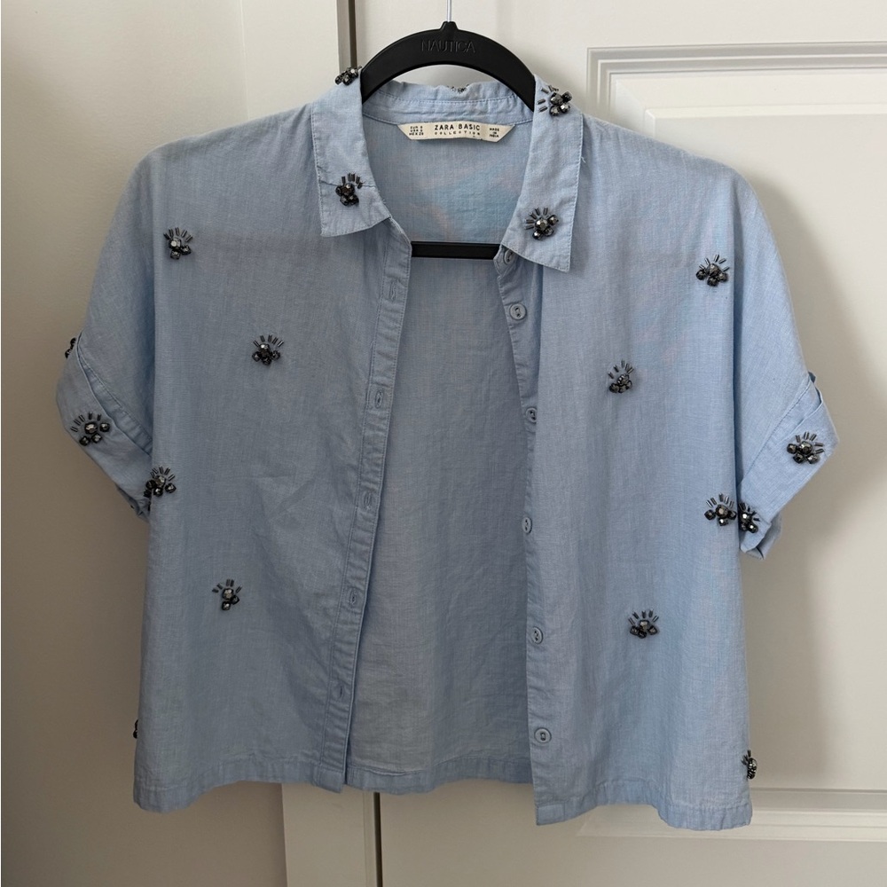 Zara blue button up shirt with beaded